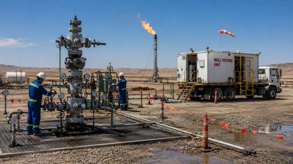 surface manifold Oilfield Well Testing Under Blue Sky